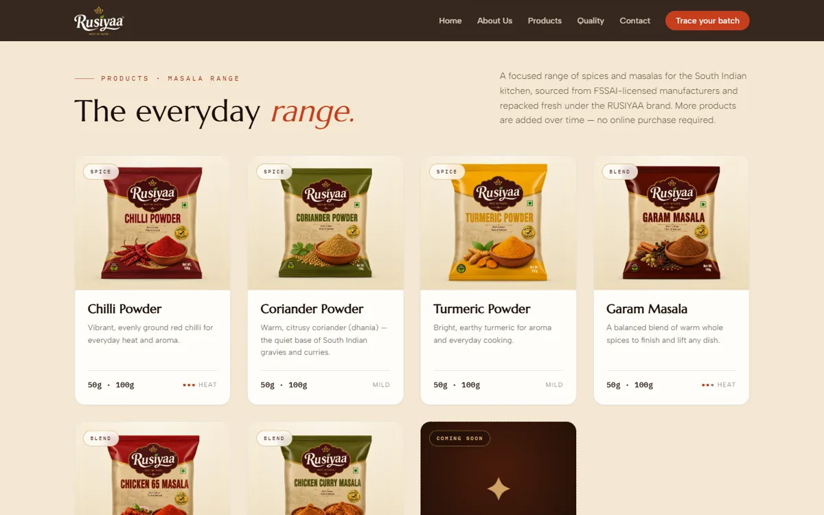 RUSIYAA spices website design — FSSAI-compliant masala brand site with batch-code traceability, designed by TheVincis
